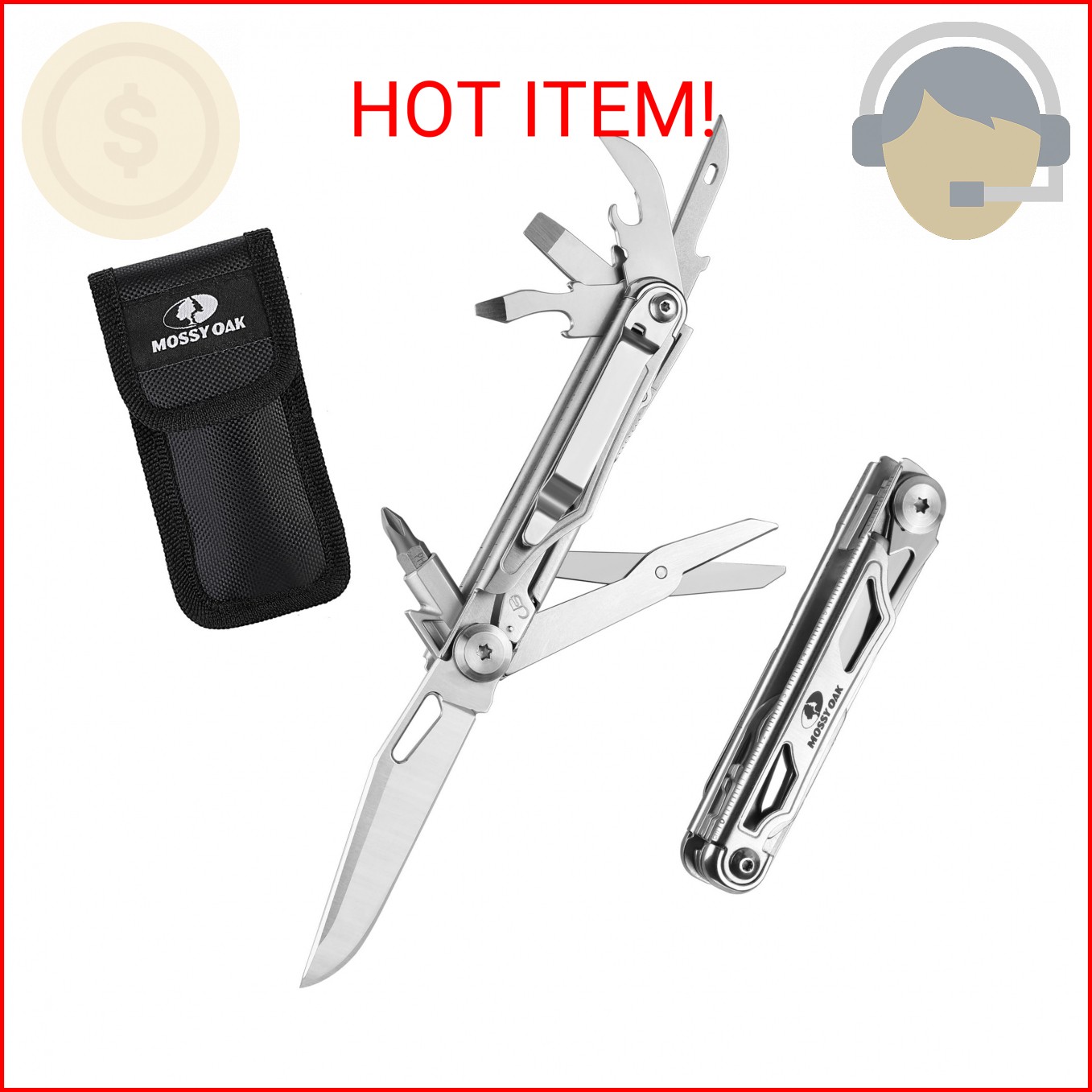 Mossy Oak 12-in-1 Multitool Pocket Knife with Pouch & Clip