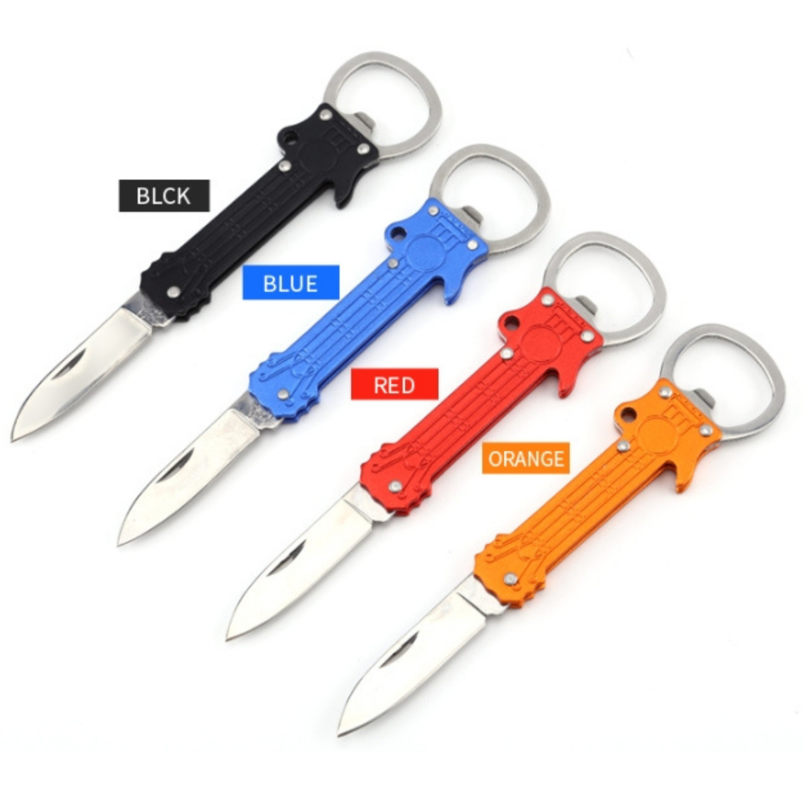 GUITAR SHAPE METAL KEY CHAIN & BOTTLE OPENER KNIFE PEELER SURVIVAL FOLDING BLADE