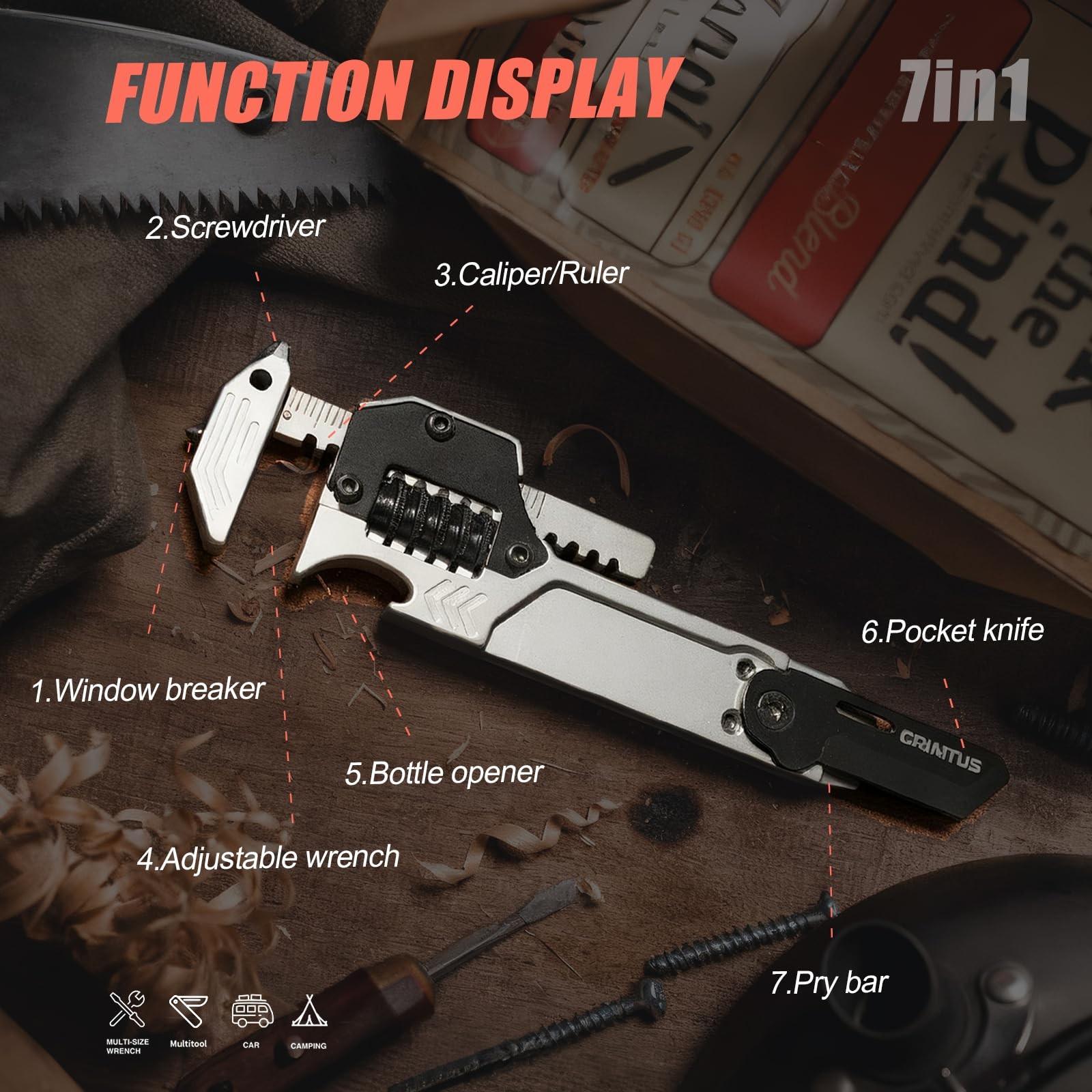 EDC Gear Multitool 7 in-1 Multi Tool with Wrench, Bottle Opener, Car Window B…