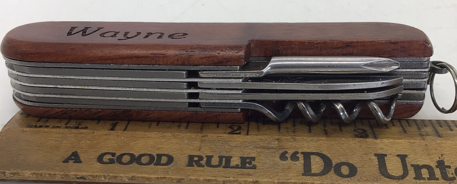 MULTI Function CAMPING TOOL KNIFE Swiss Army Style Wood Grain Engraved “WAYNE”