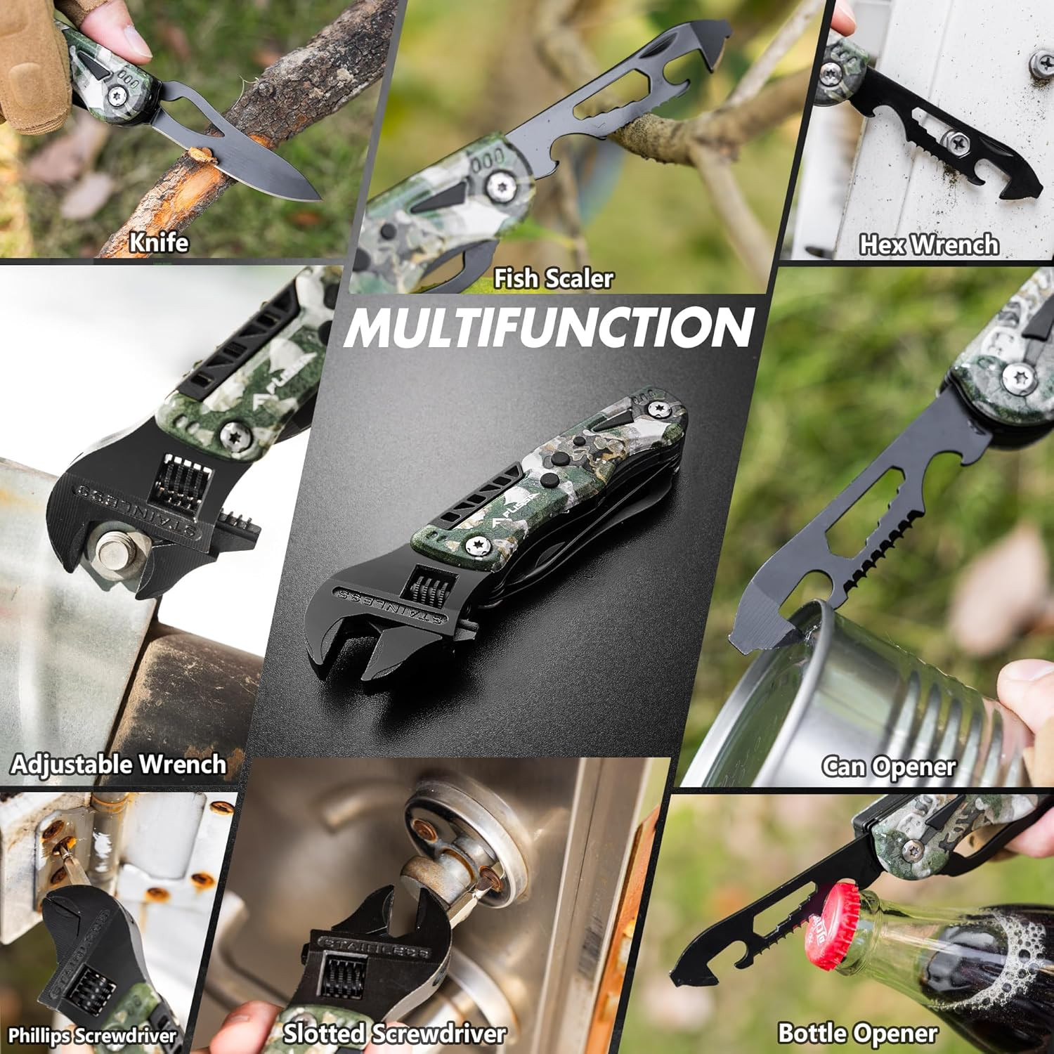 13-in-1 Stainless Steel Multi Tool Wrench with LED Light and Sheath