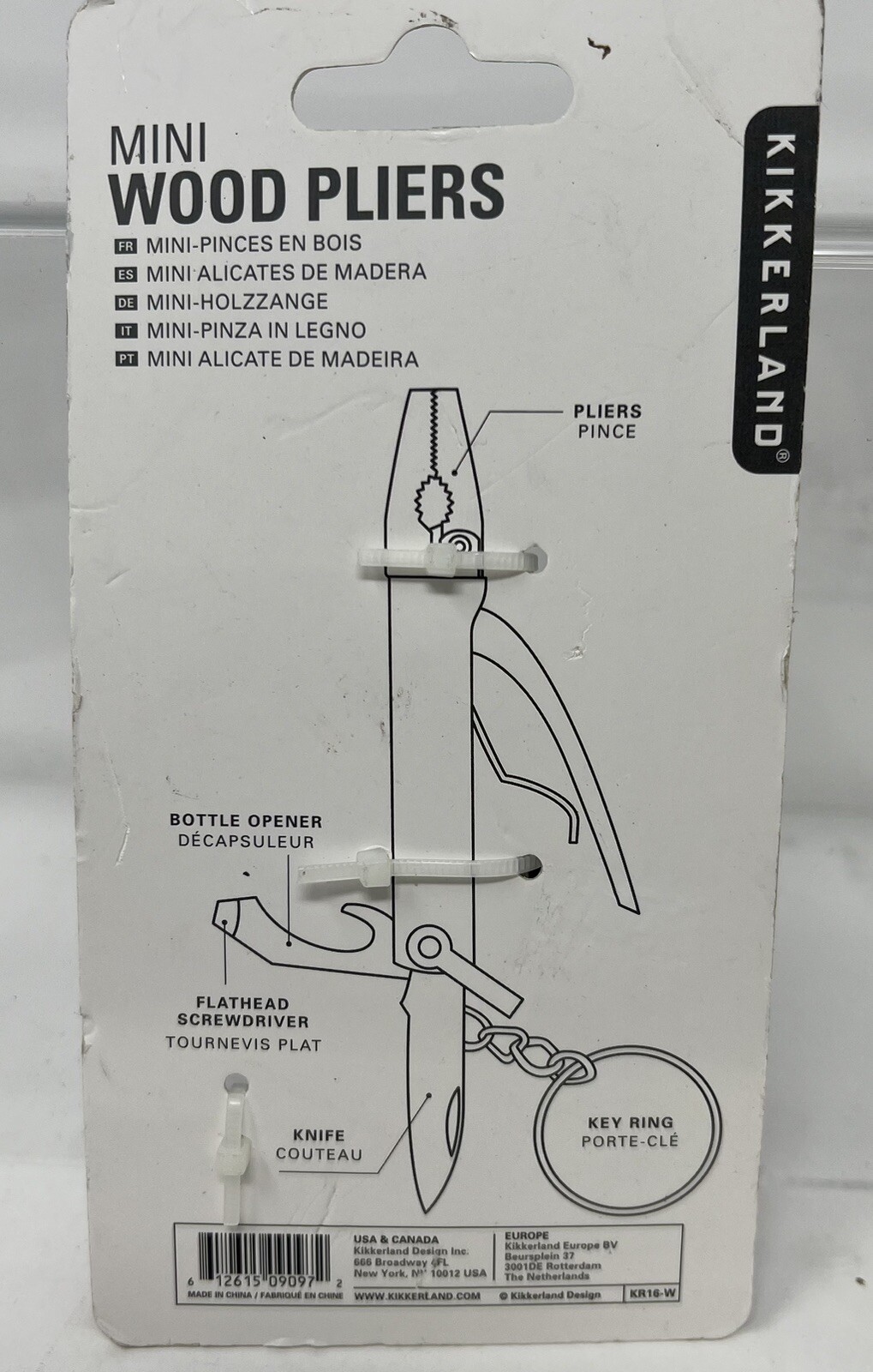 #KR16-W Kikkerland Pocket 5 in 1 Mini Wood/Steel Pliers Key Ring Multi Tool
