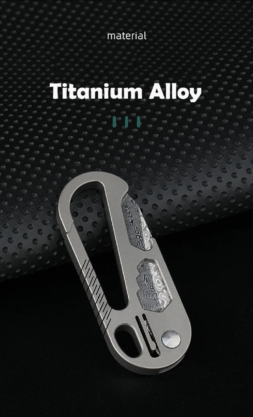 Mini EDC Multitool – Anodized Blue Titanium Carabiner Keychain w/ Damascus Blade