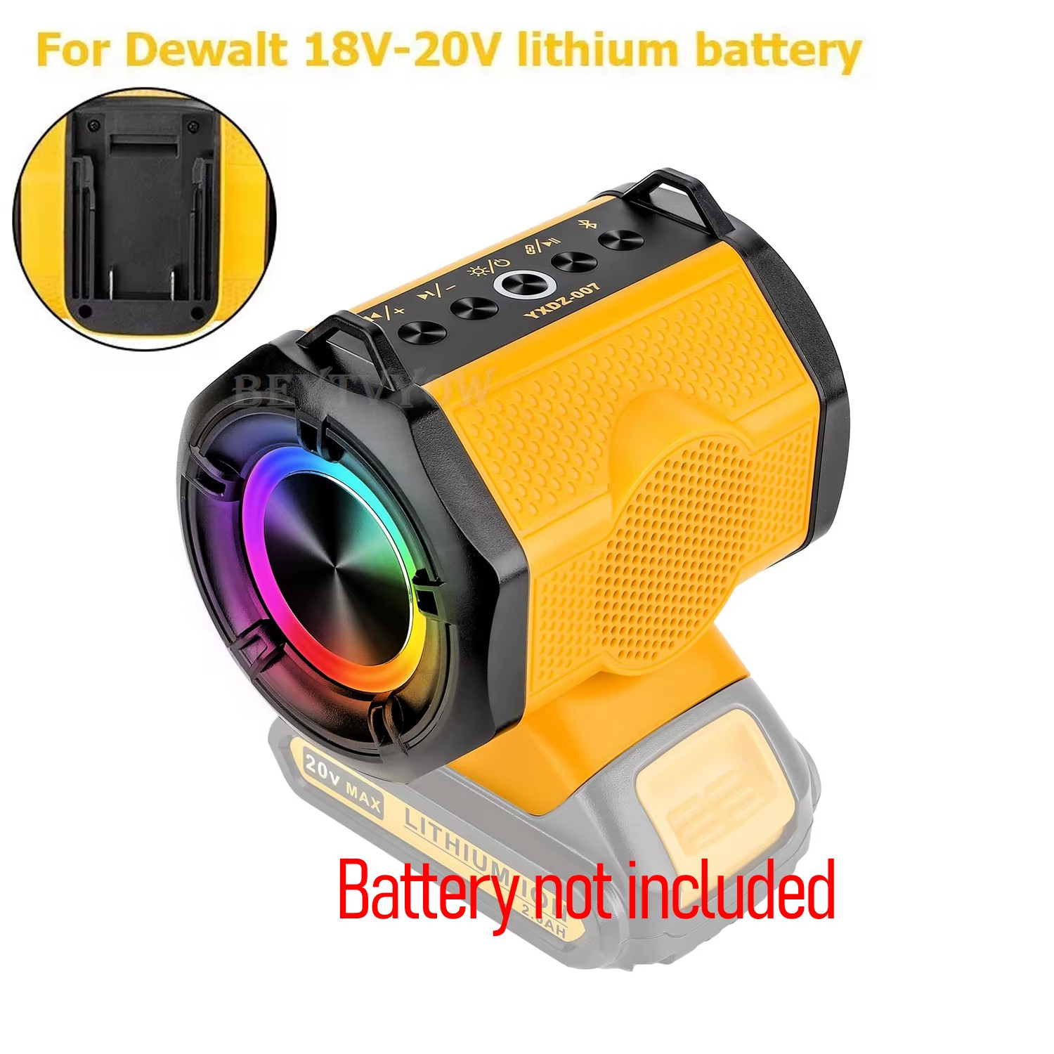 Bluetooth Speaker for Dewalt 20v 60v Battery With USB-A/C ports RGB Light 30W Co