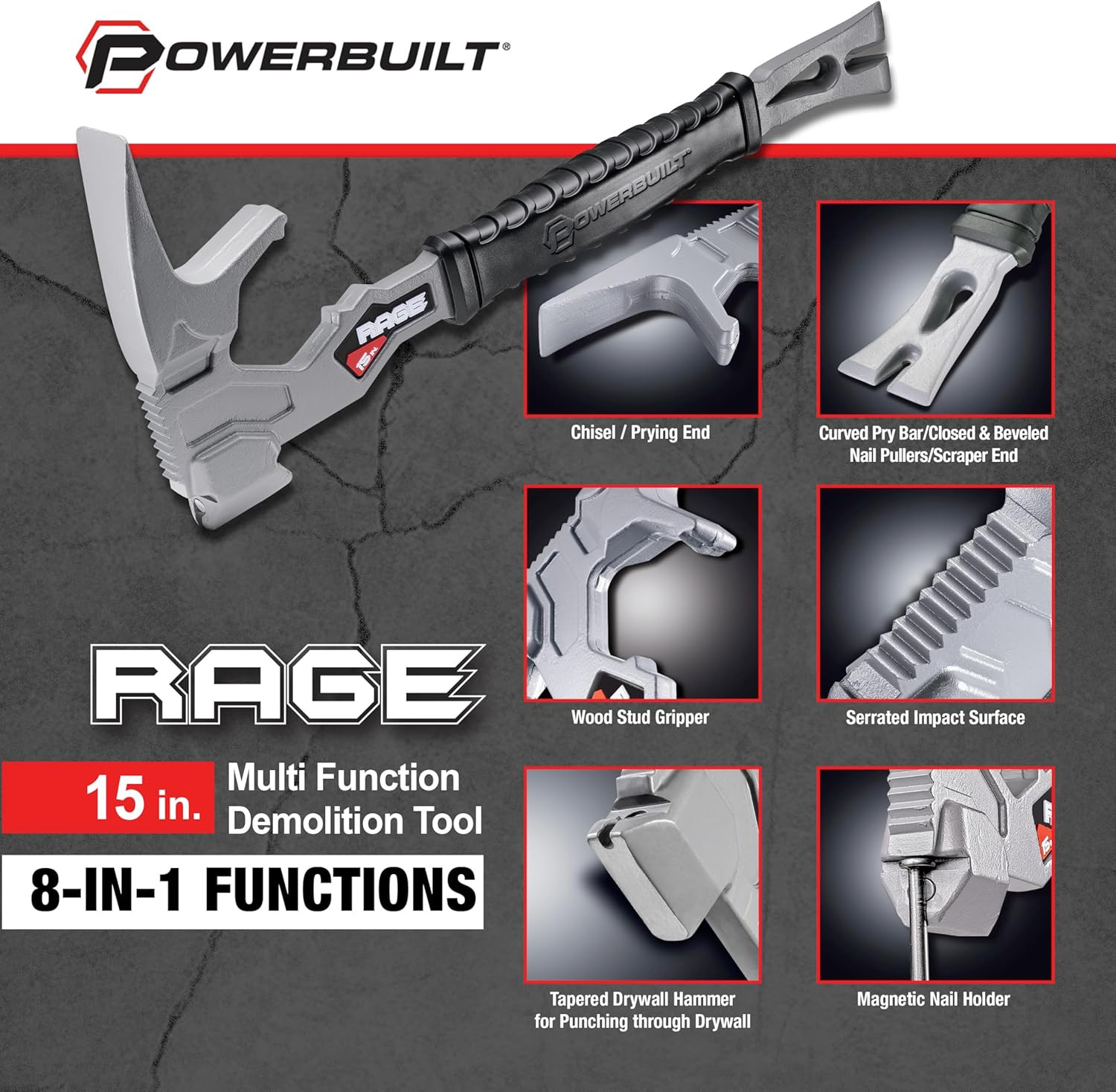 15 Inch Multi-Function Demolition Tool, Hammer, Nail Puller, Magnetic Nail Start