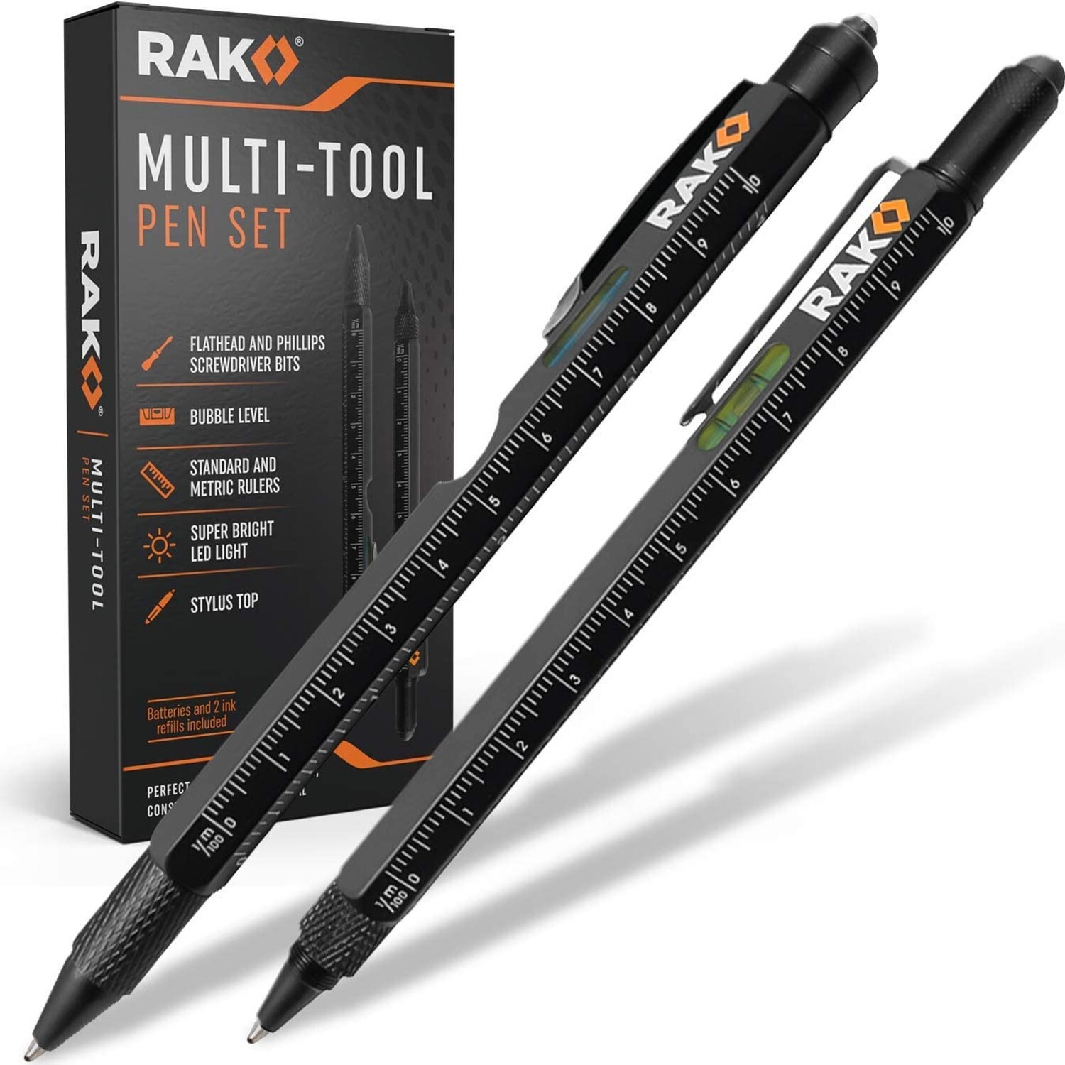 RAK Multi-Tool 2Pc Pen Set – LED Light, Touchscreen Stylus, Ruler, Level, Bot…