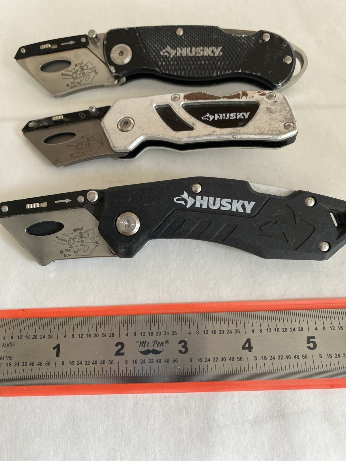 Lot Of 3 Husky Black Folding Lockback Pocket Utility Knife Set, Box Cutter Tool
