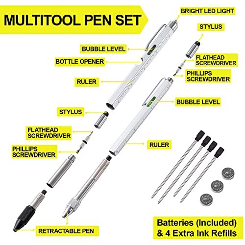 Gifts for Men Dad Him, 9 in 1 Multitool Pen Set, Gadgets for Men Gifts Silver