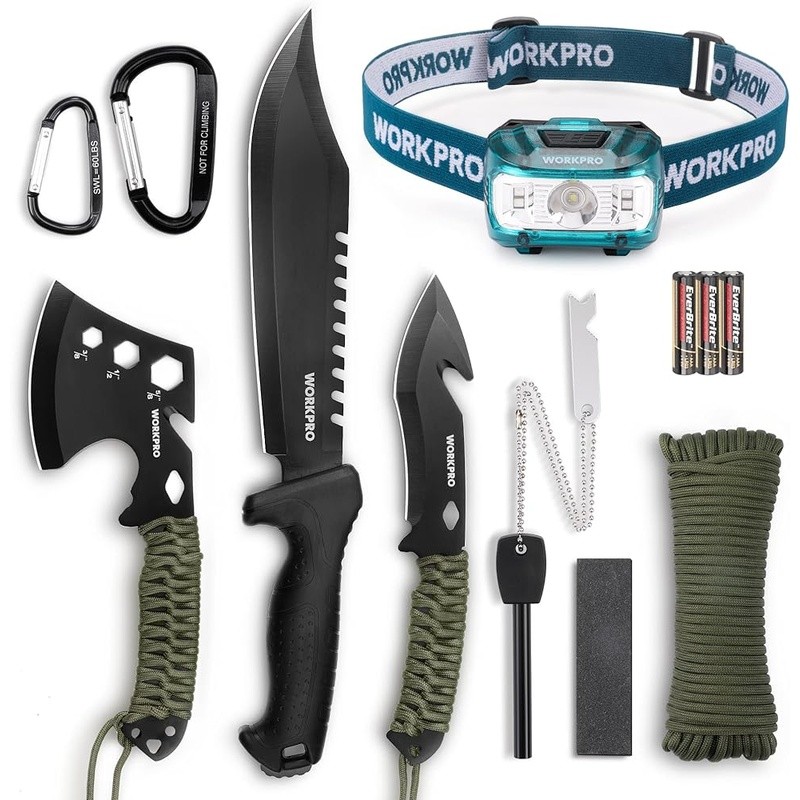 9-Piece Camping Tool Set Hatchet Knife Machete Headlamp Paracord Survival Gear