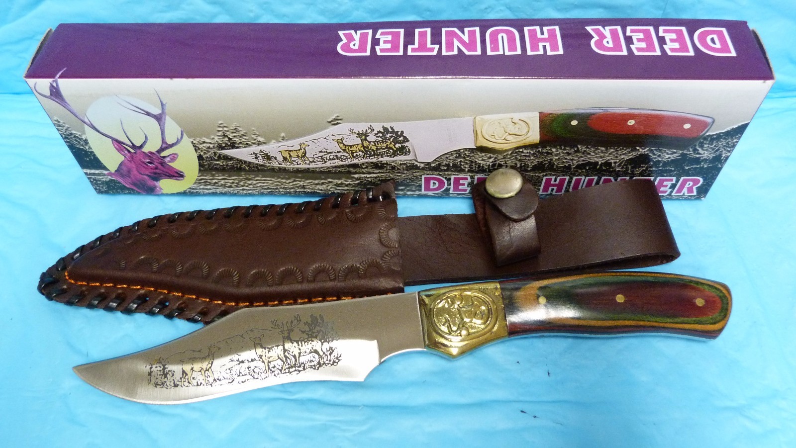 DEER HUNTER 10″ FIXED BLADE COLOR LAYERED WOOD HANDLE W/ BOX & LEATHER SHEATH #9