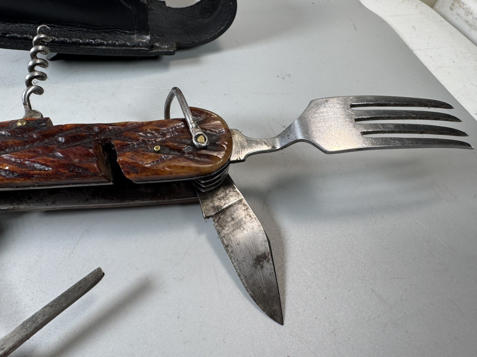 VTG Camping Multi Tool Europe Knife w Spoon Fork Scissors Corkscrew Leather Case