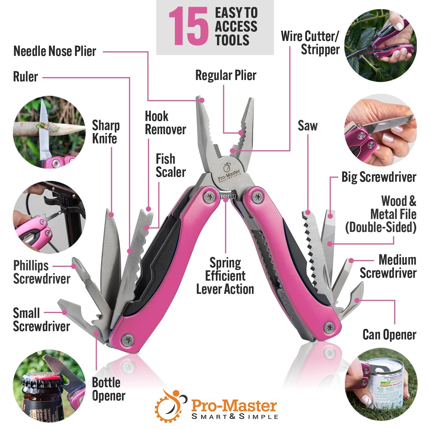 15-in-1 Pink Multitool EDC, Pocket Knife & Pliers for Women – Great for Camping,
