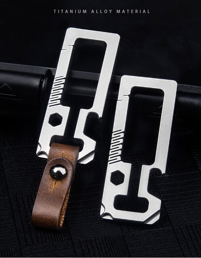 TC4 EDC Titanium Alloy + Leather Multi Tools Keychain Carabiner Car Key Pendant