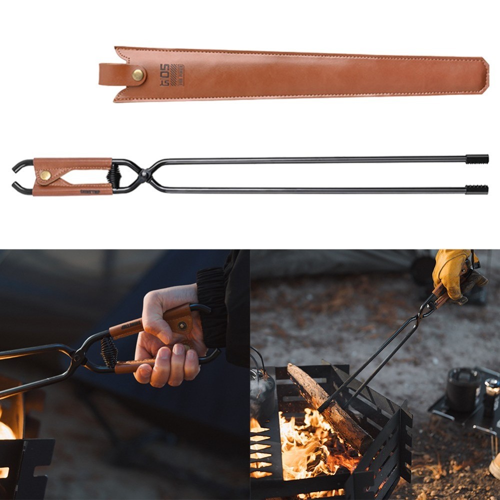 For Carbon Steel Camping Charcoal Tongs Bonfire BBQ Firewood Clip Leather Handle