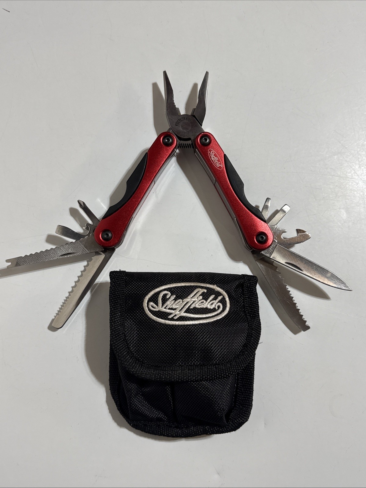 SHEFFIELD Stainless Steel Multi Tool w/Belt Pouch Sheath Case Anodized Red 10in1