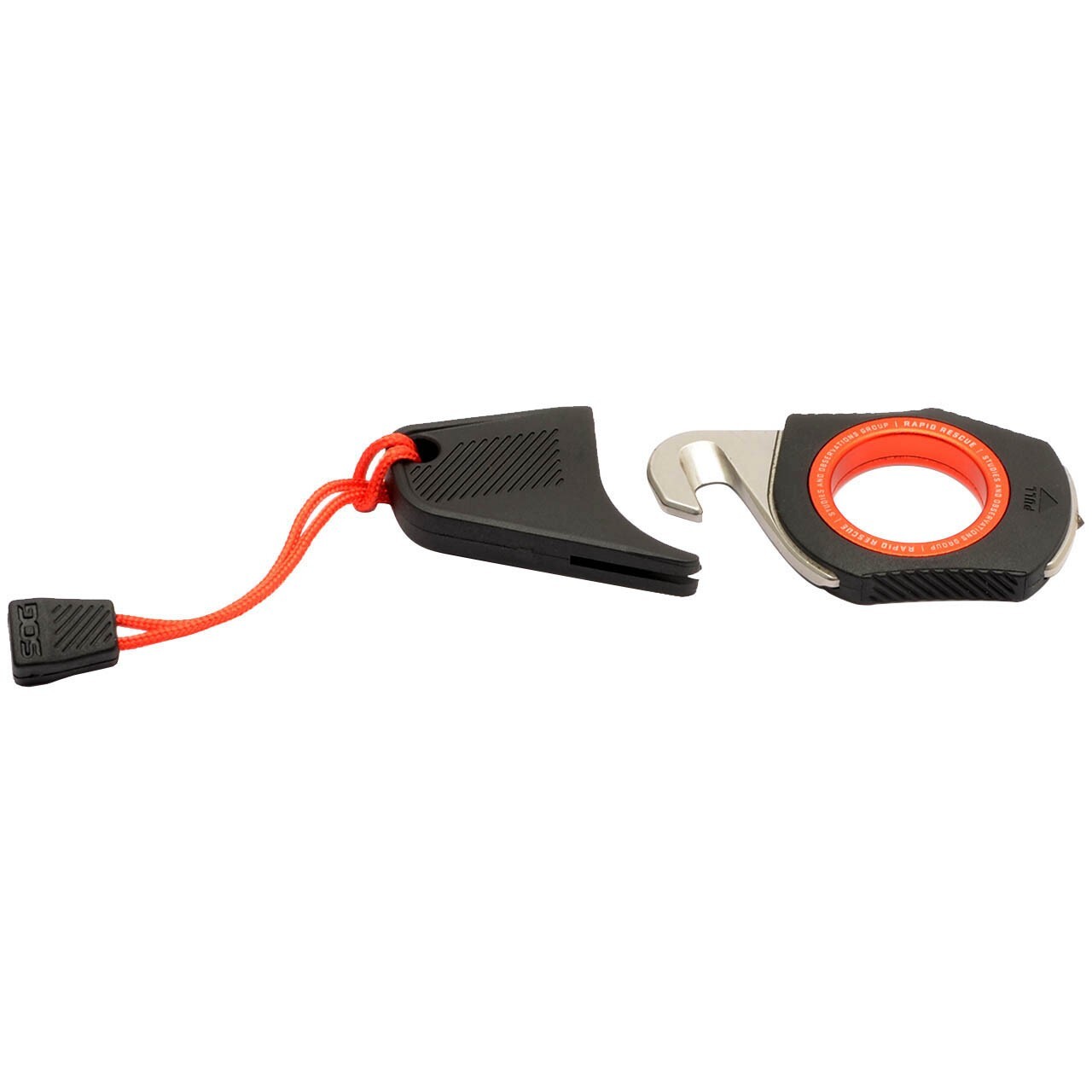 SOG Rapid Rescue Black + Red Seatbelt Cutter And Glass Breaker / Finger Hole