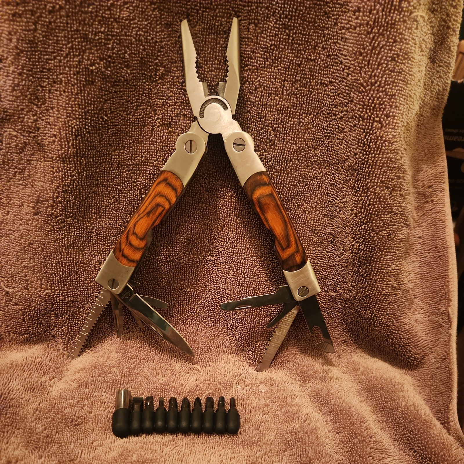 Wood Handle Stainless Steel Multi Tool with Bits 7″Open