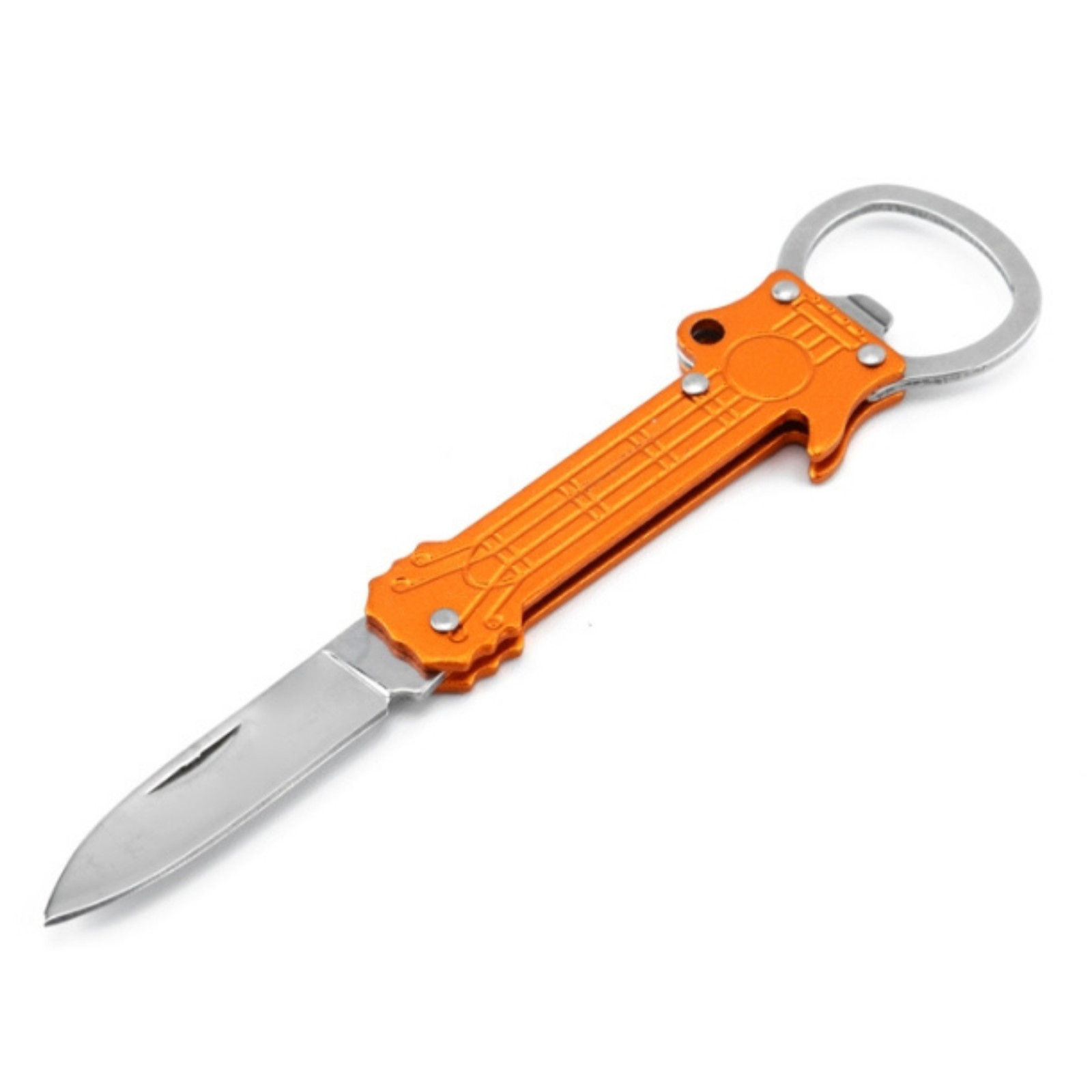 GUITAR SHAPE METAL KEY CHAIN & BOTTLE OPENER KNIFE PEELER SURVIVAL FOLDING BLADE