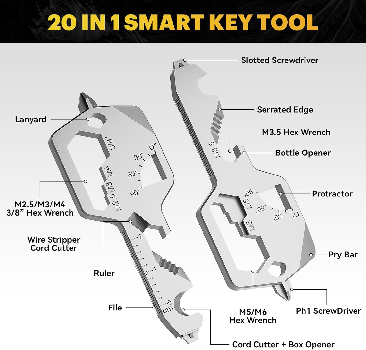 Key Shaped Pocket MultiTool 20-in1 Multi Tool, Stainless Steel Keychain Utili…