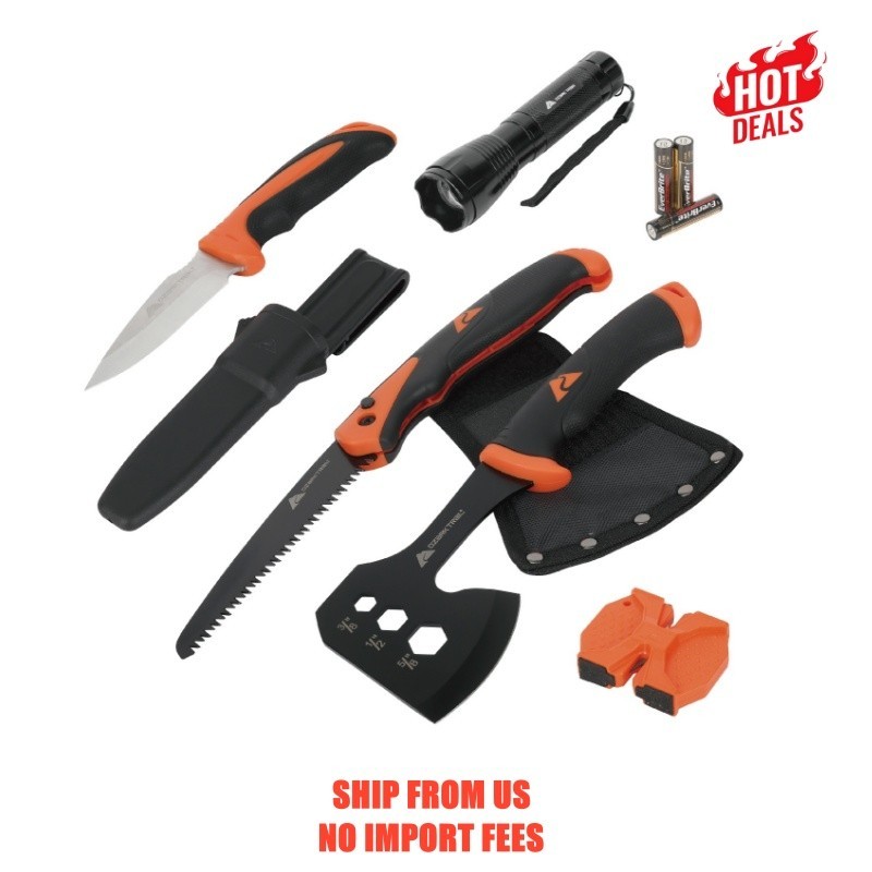 Ozark Trail 7-Piece Camping Multitool Set with Hammer, Axe, Flashlight, and Kniv