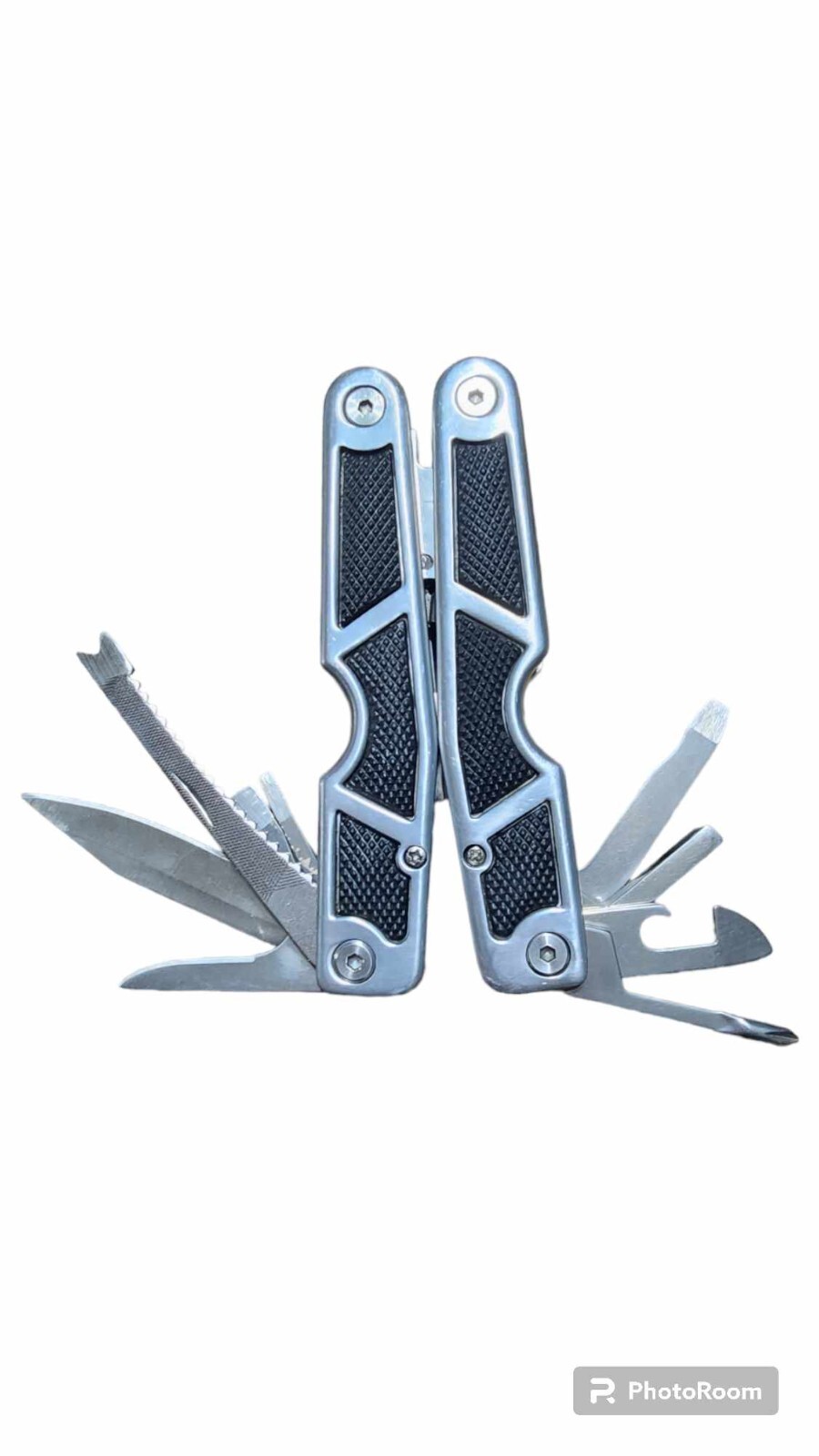 Multitool with Black Rubber Inserts in Handle Stainless Steel 10 tools with Case