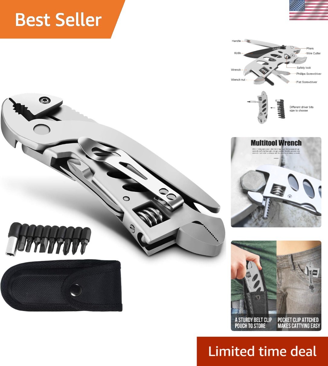 Ergonomic Folding Wrench Multitool with 7 Tools – Ideal for Outdoor Adventures