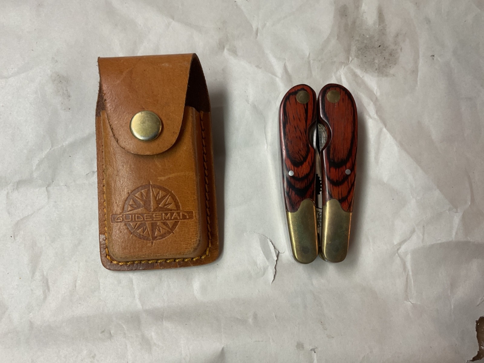 VINTAGE Guidesman Rosewood & Brass Multi-Tool,Pliers & More,Leather Belt Sheath