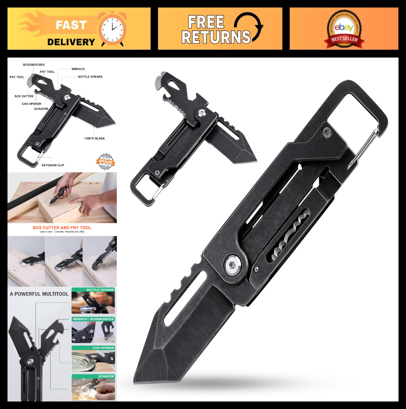 Multitool Keychain Knife with Carabiner, Tanto Pocket Knife, Box Cutter, Opener