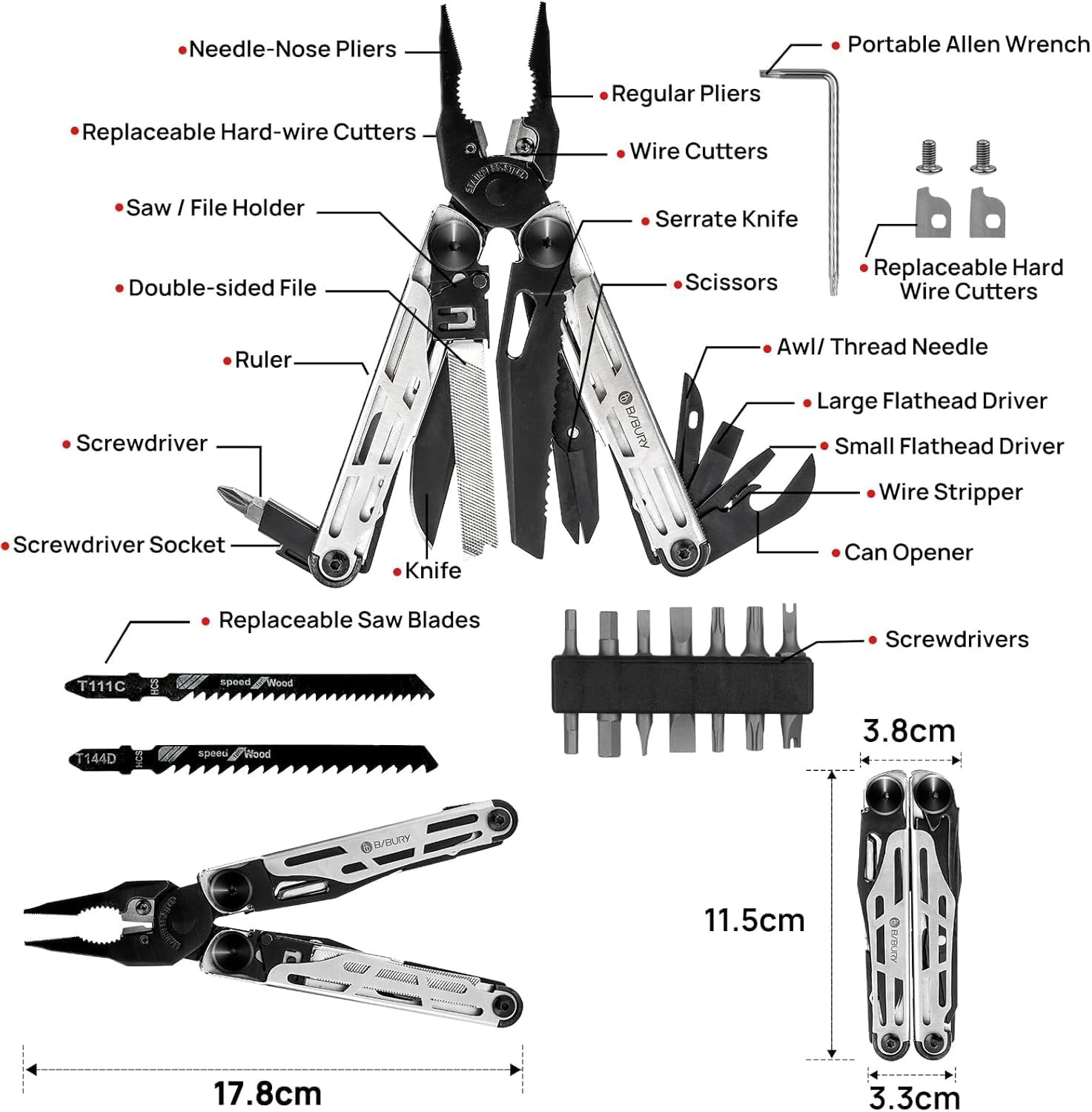 Multitool Pliers Pro BI2045, Stainless Steel 31-In-1 Multi Tool Pliers with Repl