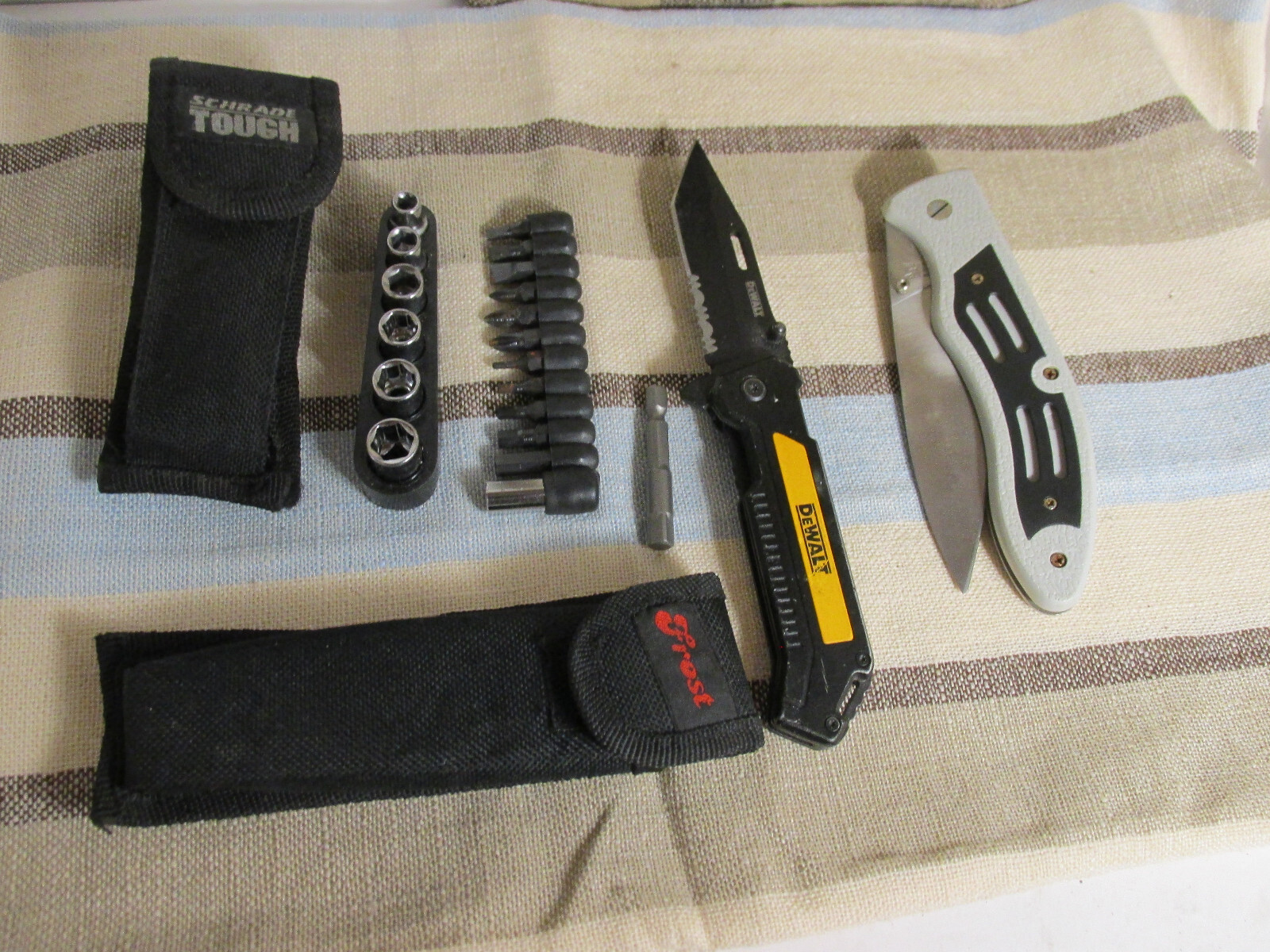 Knives ,Frost, Dewalt Knife, Schrade tough Mutitool bits / tips & small Sockets