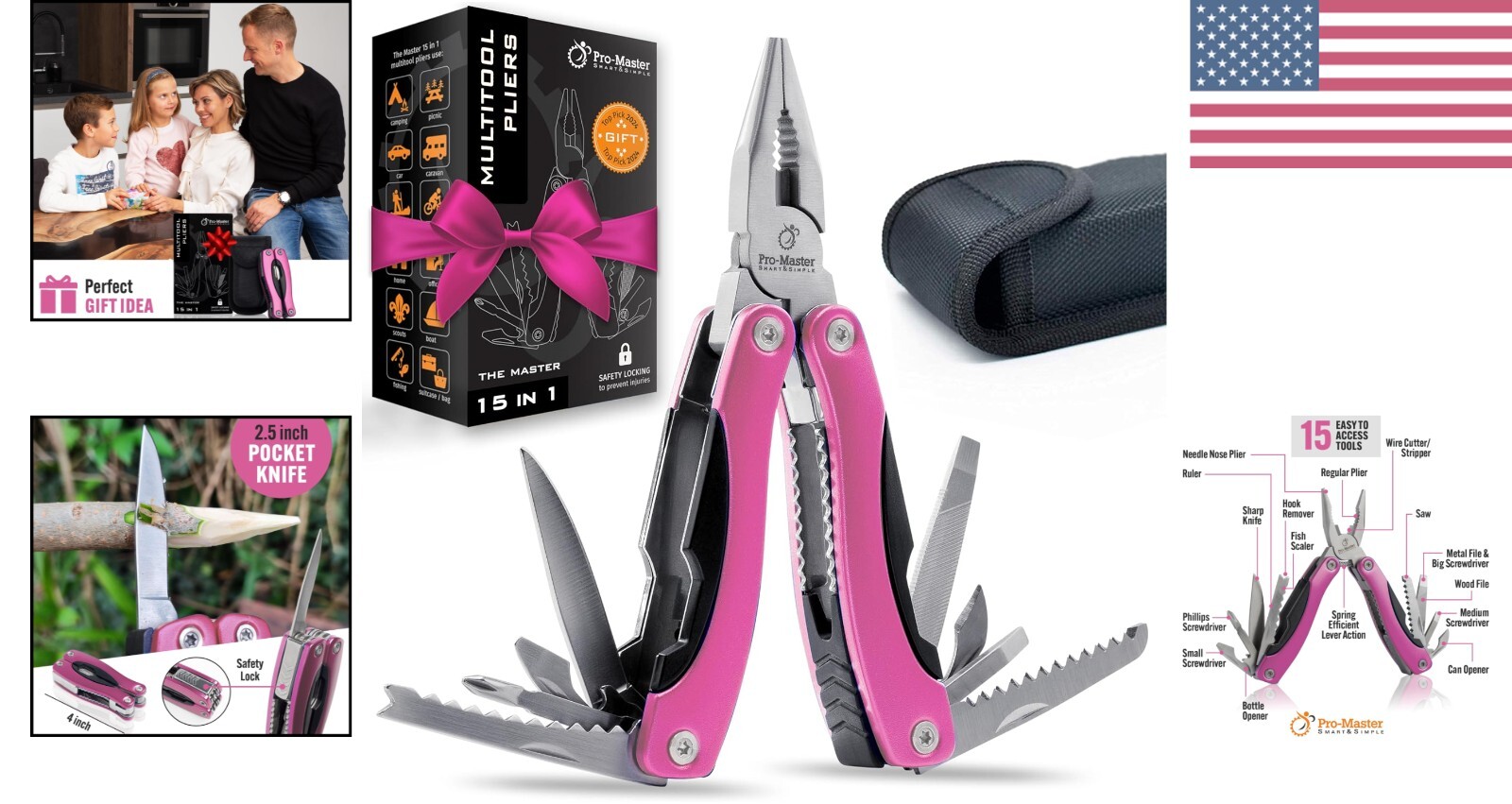 Compact 15-in-1 Pink Multi-Tool – Essential for Home & Outdoor Adventures