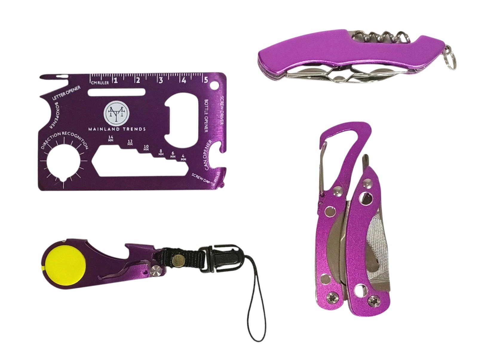 4pc Purple Multi-Tool Set Wallet Tool, LED Light, Micro Multi-Tool, Pocket Knife