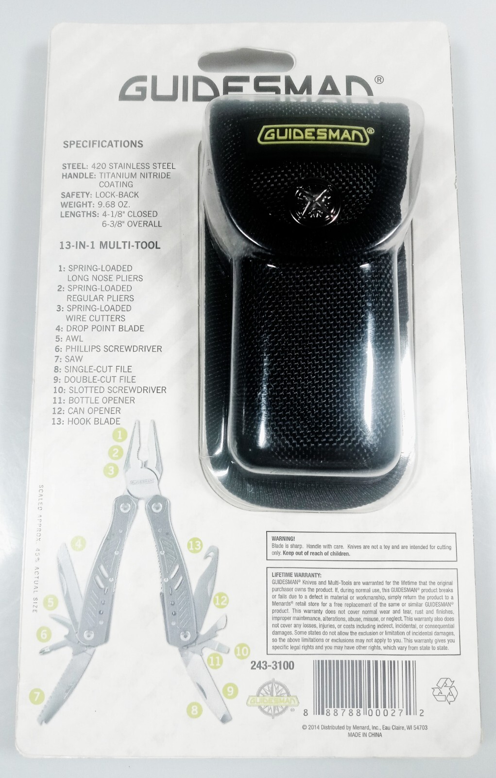 NEW Guidesman 13 in 1 Multi Tool Camping / Hike Pliers Knife Pouch NIB