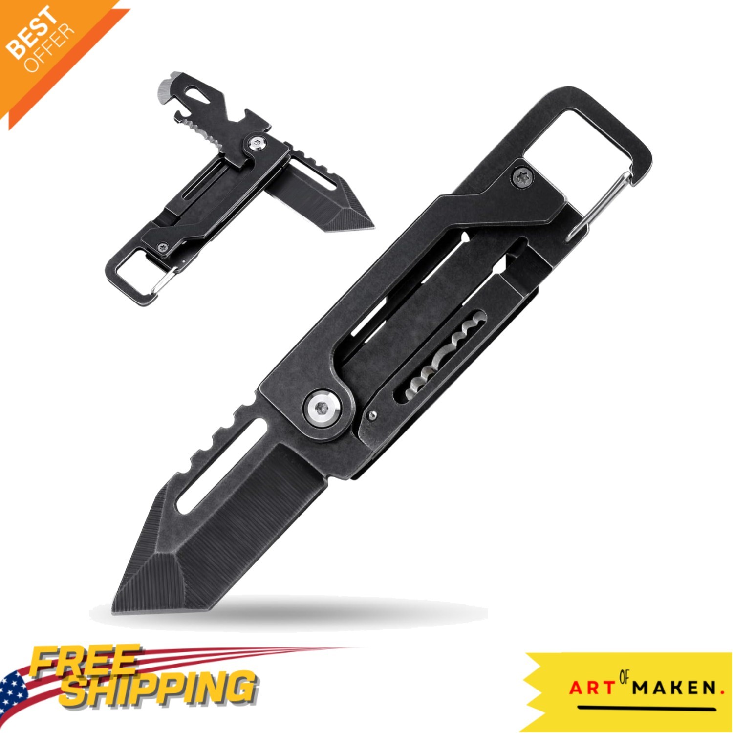 8-in-1 Keychain Multitool – Black Tanto Pocket Knife for EDC Adventures