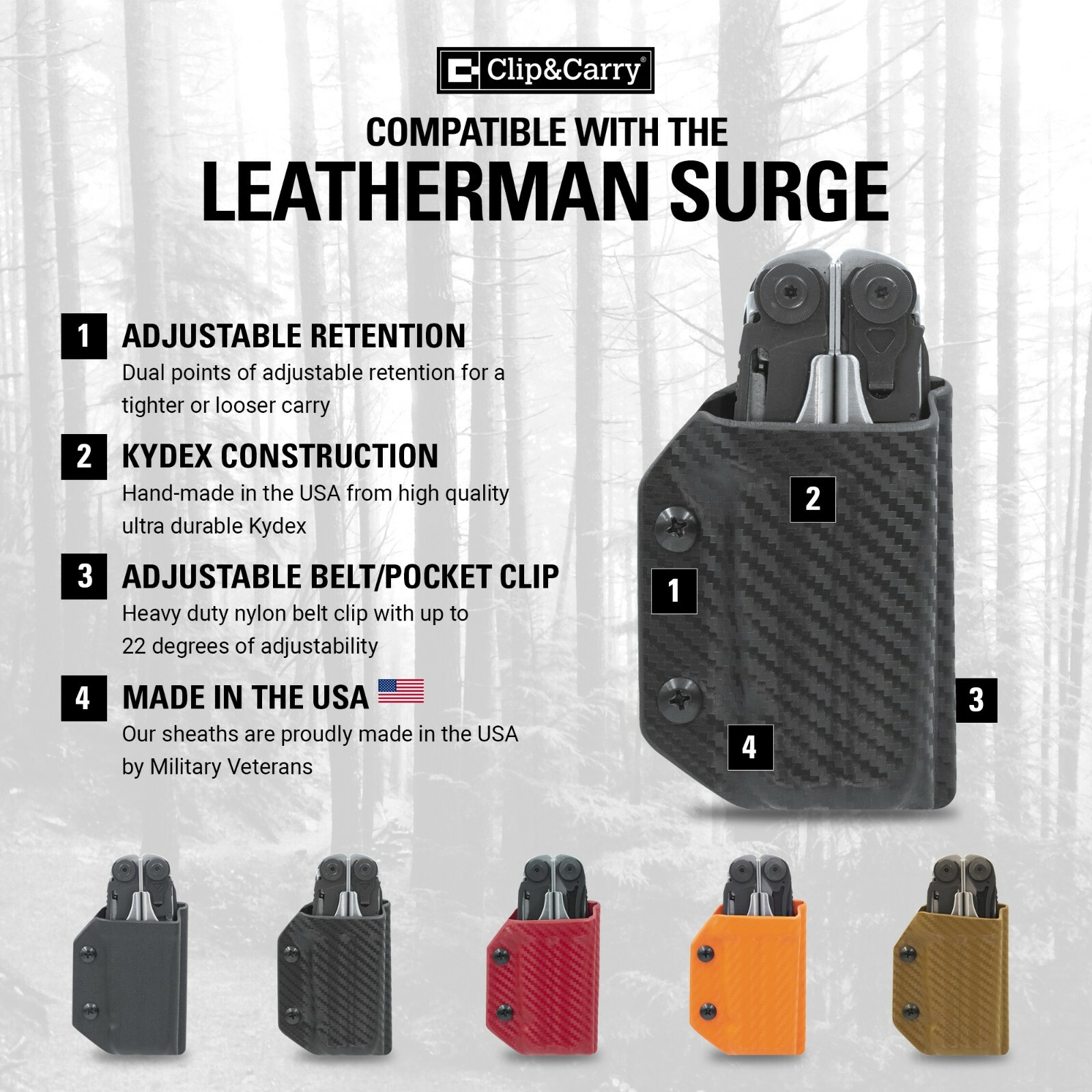 Clip & Carry Kydex Multitool Sheath fits Leatherman Surge – USA Made