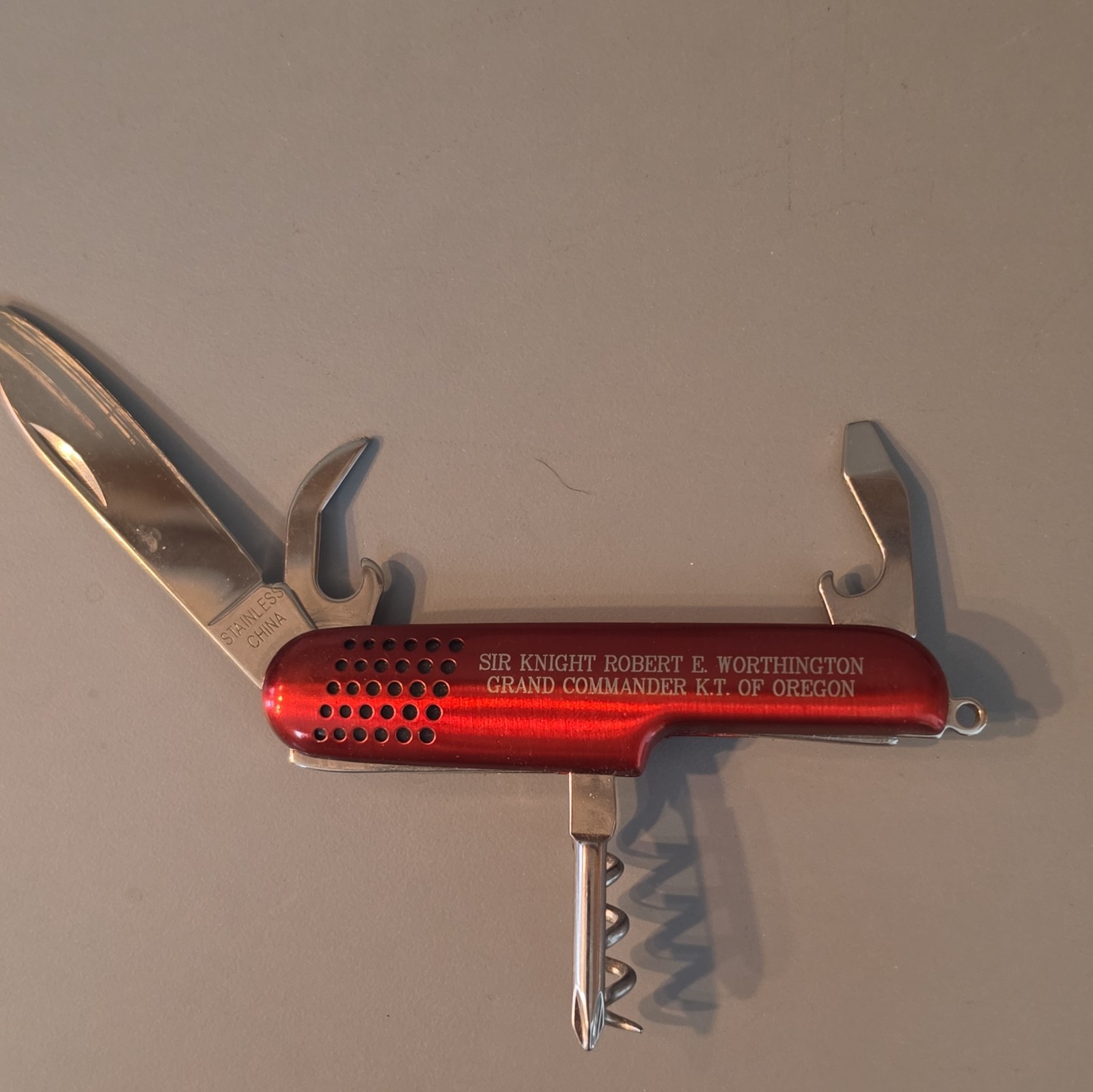 Red/Silver Multi-Tool Pocket Knife 5 Tools w/ Corkscrew Opener Keyring