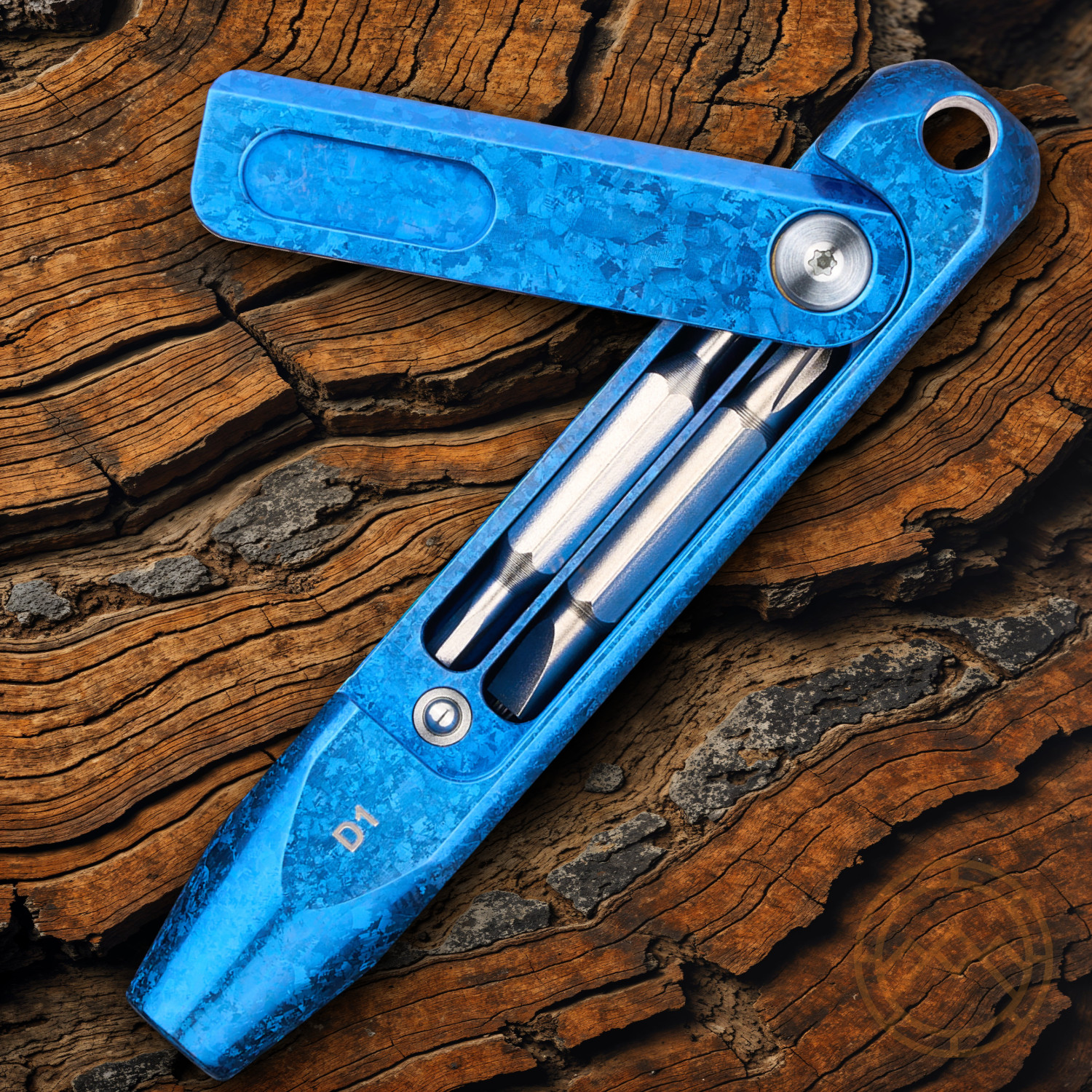 Oknife Otacle D1 Snowflake Blue Titanium With Compartment In Handle Secures Bits