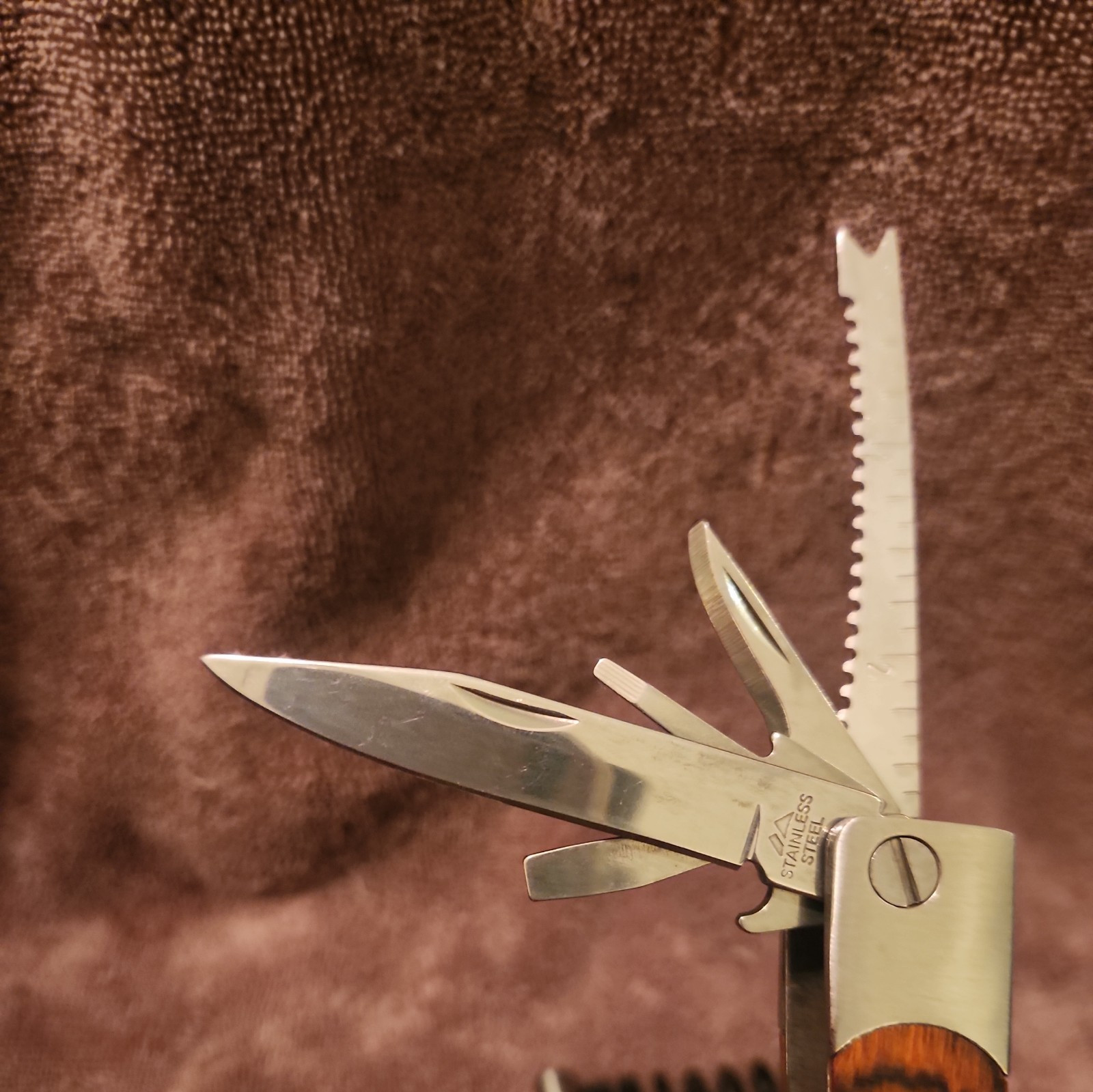 Wood Handle Stainless Steel Multi Tool with Bits 7″Open