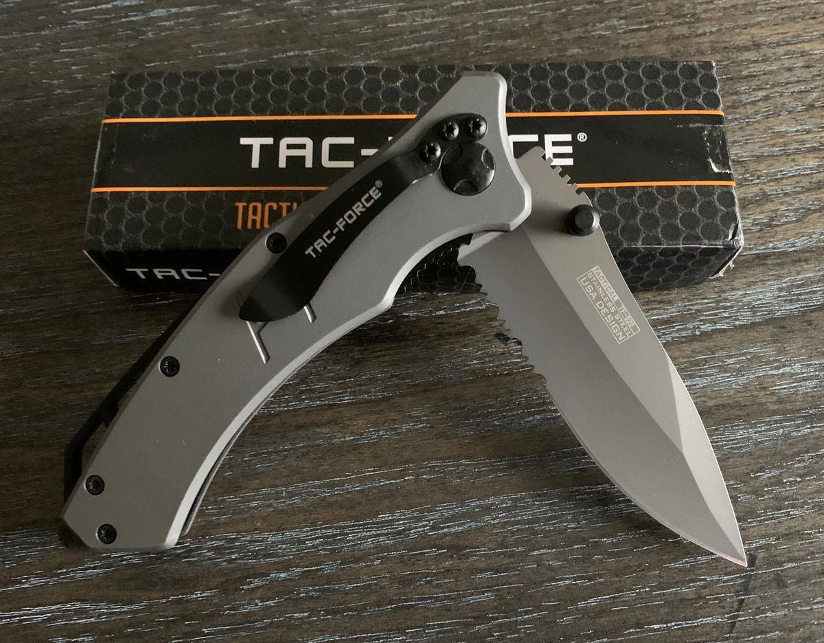 Tac-Force- Speedster A/O 3.25″ TiNi coated part. serrated 2Cr13 blade, TF-820GY