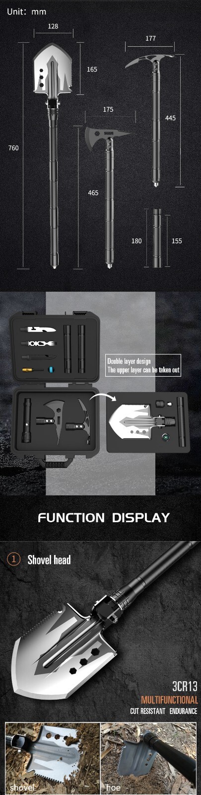 Multifunction Tool with Shovel, Axe, Pick, Hoe, and other tools in a hard case
