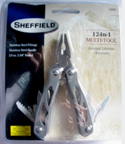 Sheffield – 12 in 1 Stainless Multi-Tool – 2-3/4″ Folded w/ Belt Holster