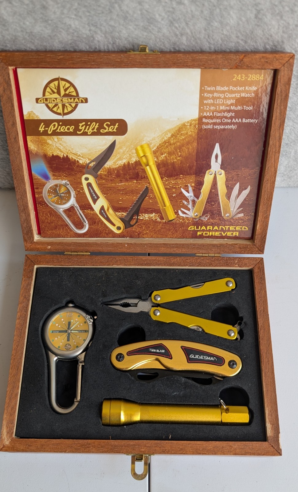 Guidesman 4-Piece Classic Tool Set in Wood Box – Multi-Tool, Pocket Knife, Watch