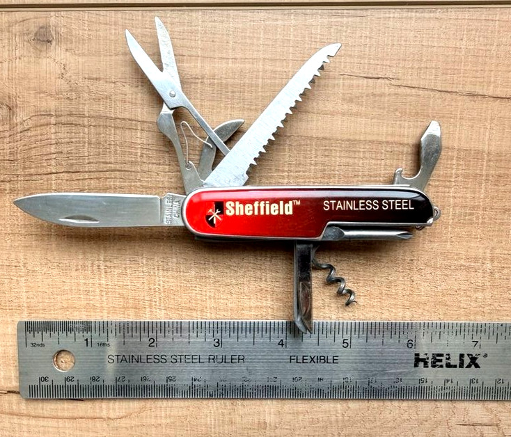 Sheffield Stainless Steel Multi-Tool Pocket Knife Corkscrew Saw Scissors & More