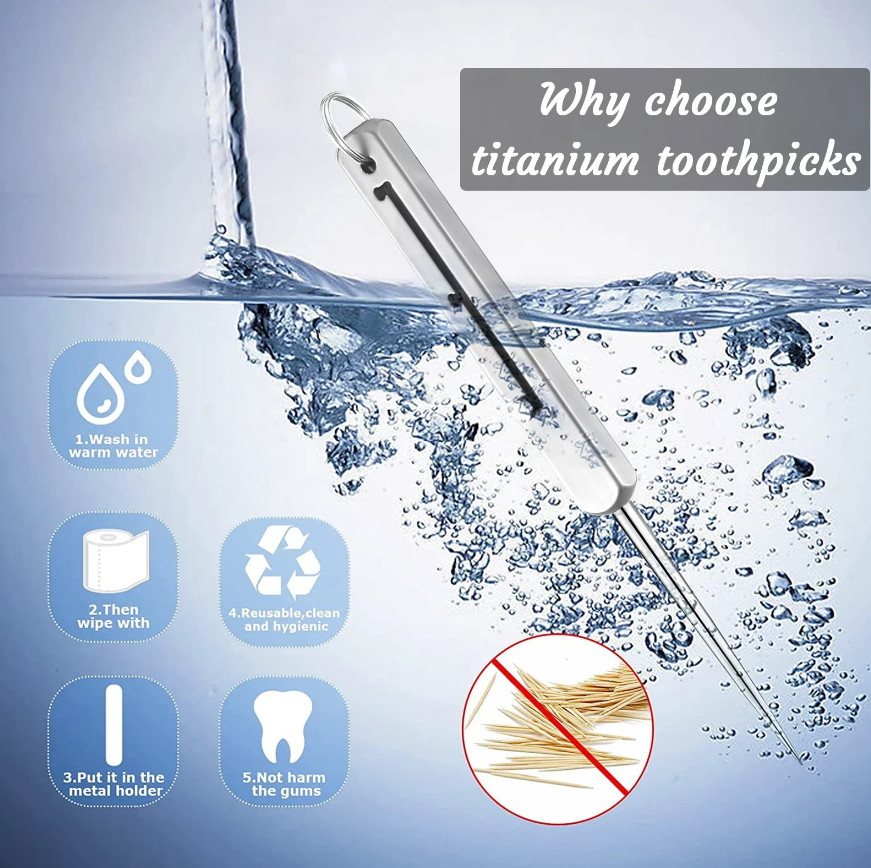 1pcs Portable Titanium Toothpick with Holder–Durable Metal Toothpick for Camping