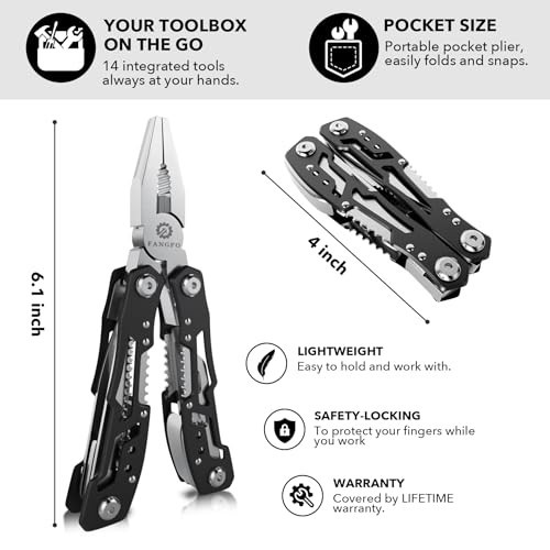 14-in-1 Stainless Steel Multitool Pliers with Safety Lock, Pocket Knife & Sheath