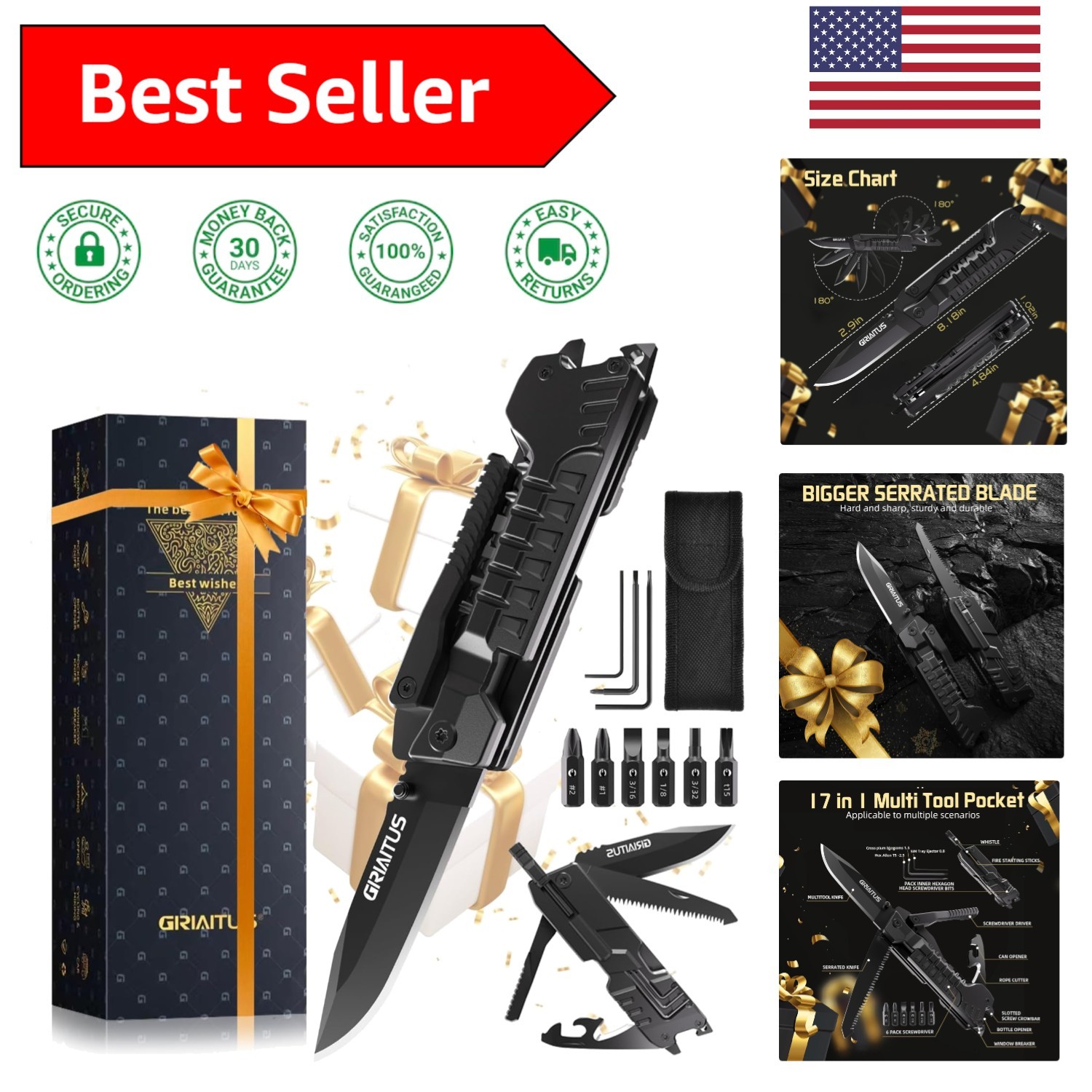 Gifts for Adventurous Men: Compact 17-in-1 Multi-Tool Knife with Safety Lock