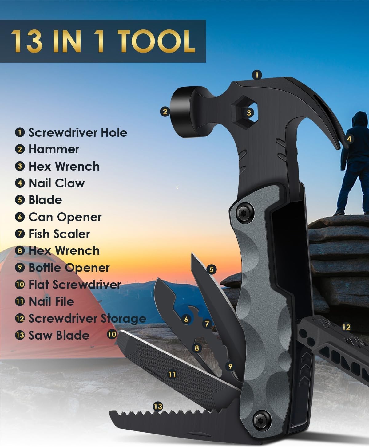 Fathers Day Dad Gifts from Daughter Son Wife, 13 in 1 Hammer Multitool, Cool Cam