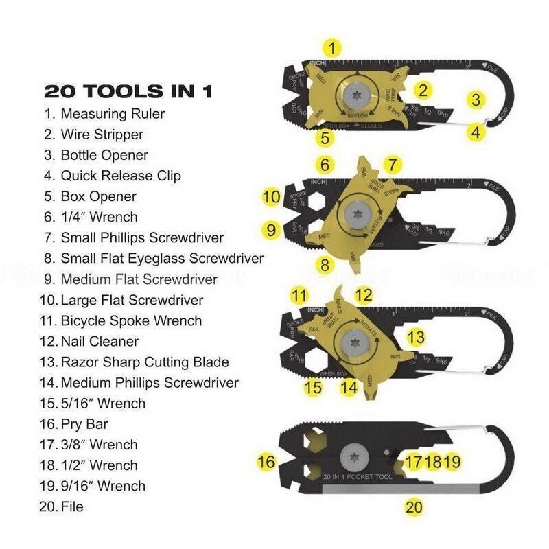 SHTF Survival 20 In 1 Multi-Tool Keychain, Carabiner Attachment Free Shipping.
