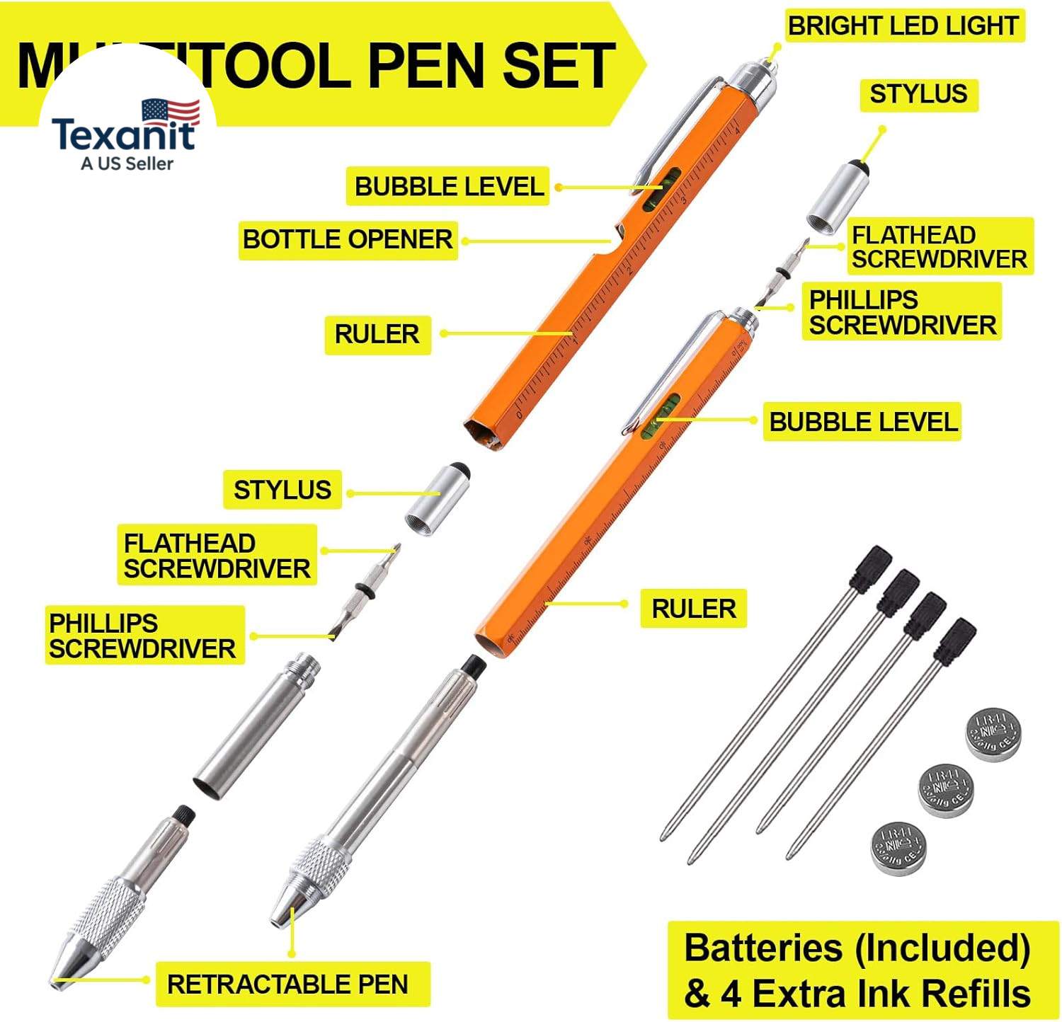 11 in 1 Multitool Pen Set with LED, Stylus, Level, Screwdriver, Flathead, Valent