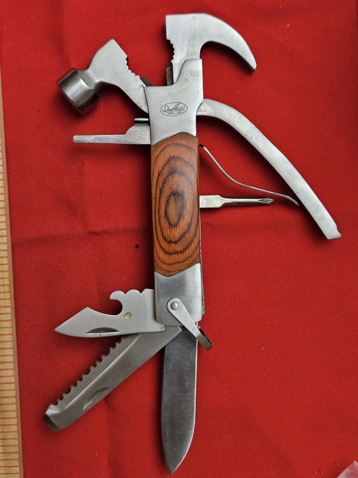 Vtg Sheffield Multi-Tool With Original Case Hammer Pliers Can Opener & More
